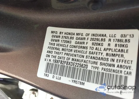 2013 Honda Civic Ex from USA, damaged, VIN 19XFB2F8XDE225620